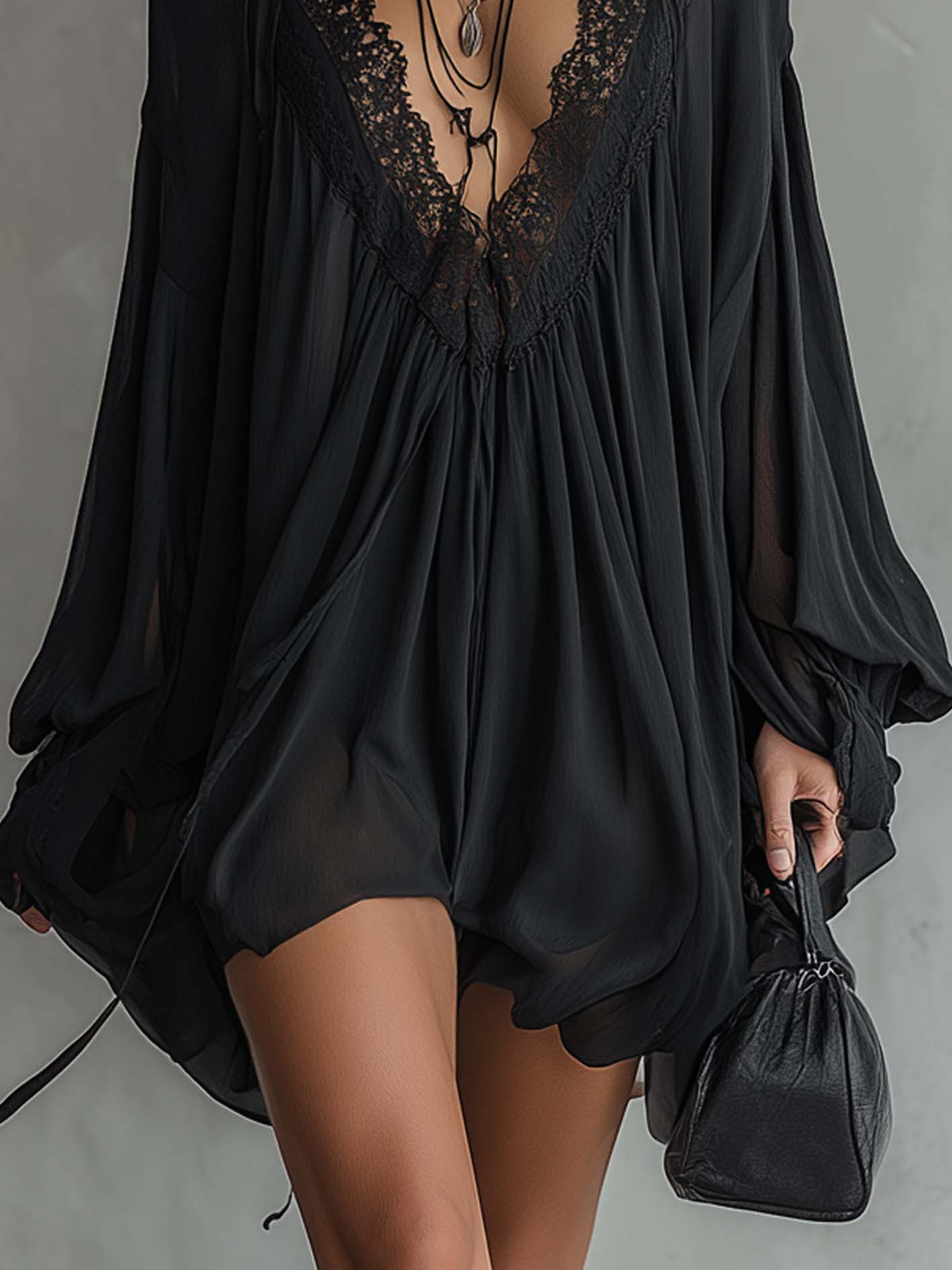 Cassandre | Black Chiffon Mini Dress with Lace Collar