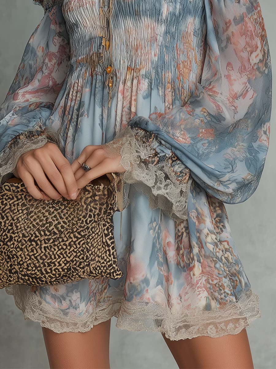Romane | Ruched Off-Shoulder Chiffon Mini Dress with Romantic Florals