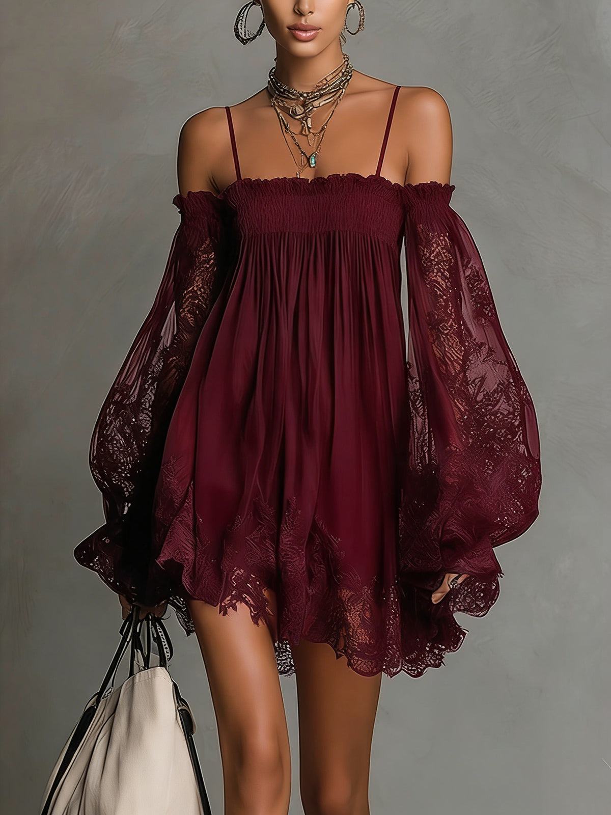 Noémie | Navy Blue Chiffon Mini Dress with Off-the-Shoulder Styling and Lace Trim