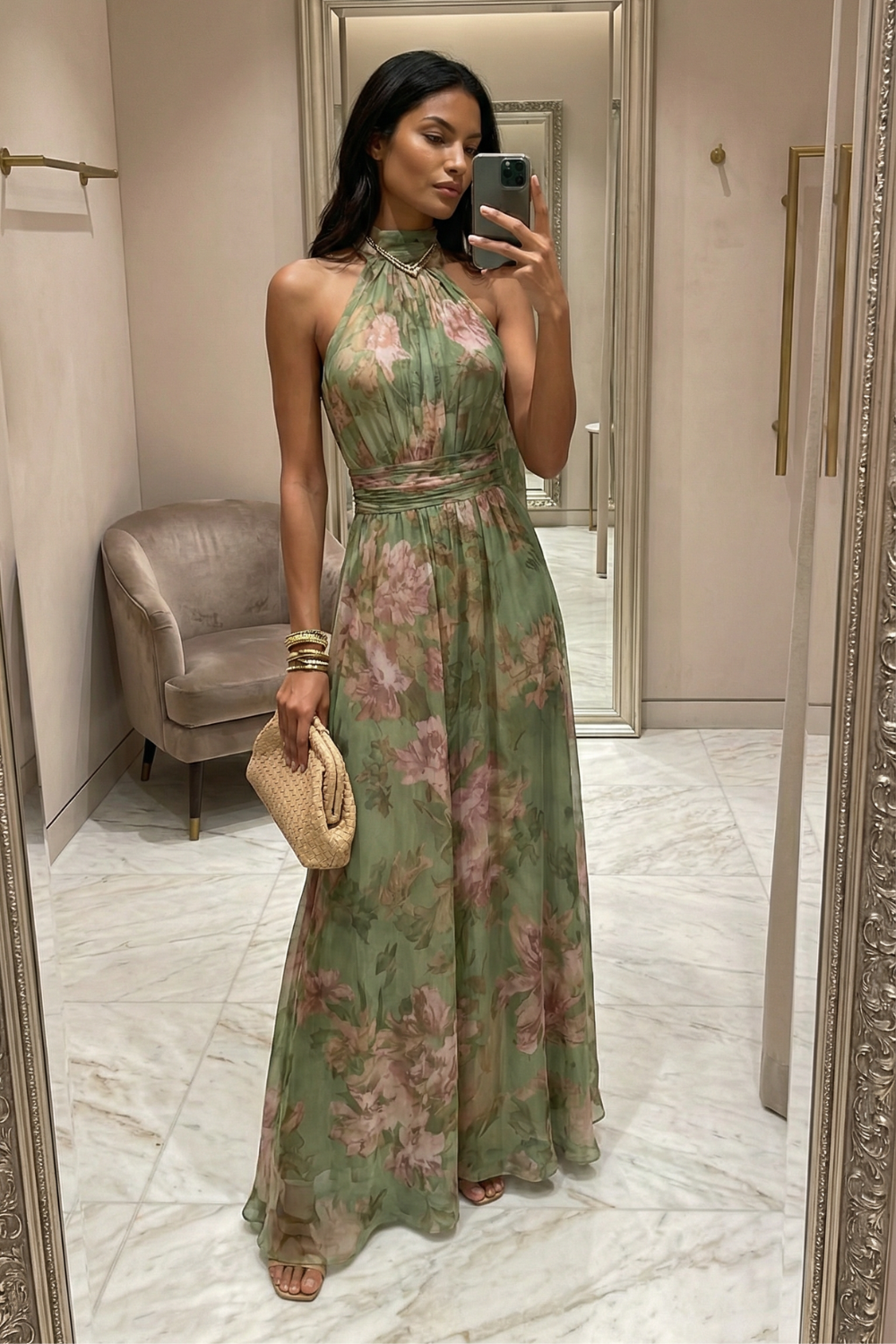 Long halter-neck maxi dress with floral print