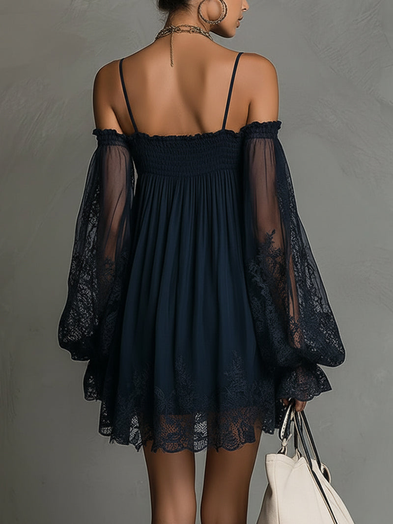 Noémie | Navy Blue Chiffon Mini Dress with Off-the-Shoulder Styling and Lace Trim