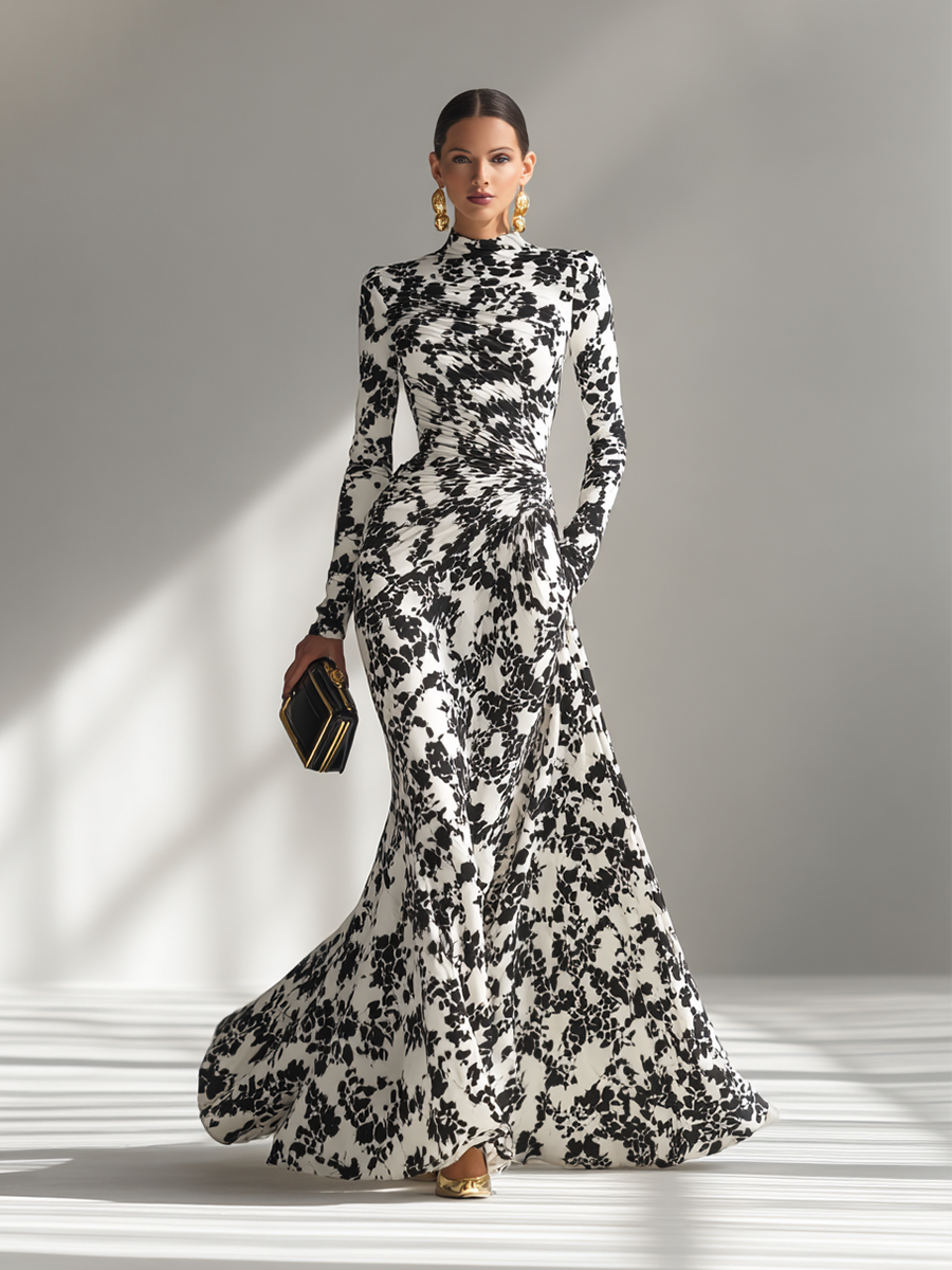 Vestito Maxi da Donna a Stampa Floreale Bianco e Nero con Collo Alto e Maniche Lunghe