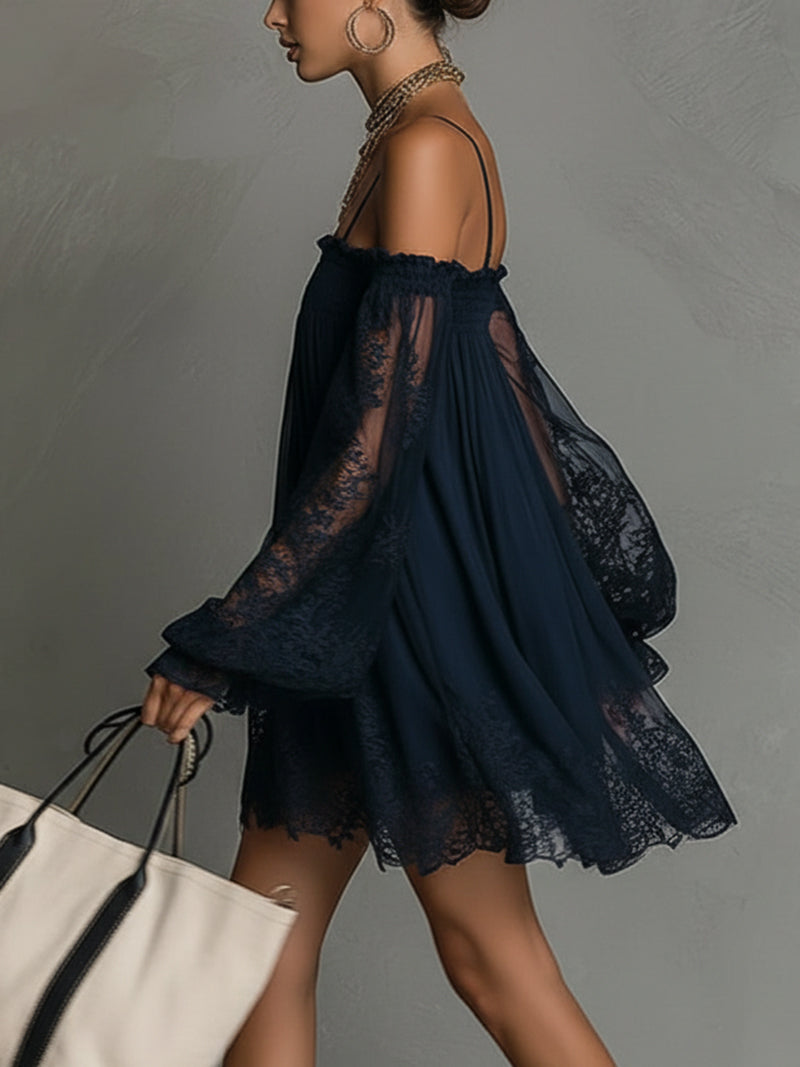 Noémie | Navy Blue Chiffon Mini Dress with Off-the-Shoulder Styling and Lace Trim
