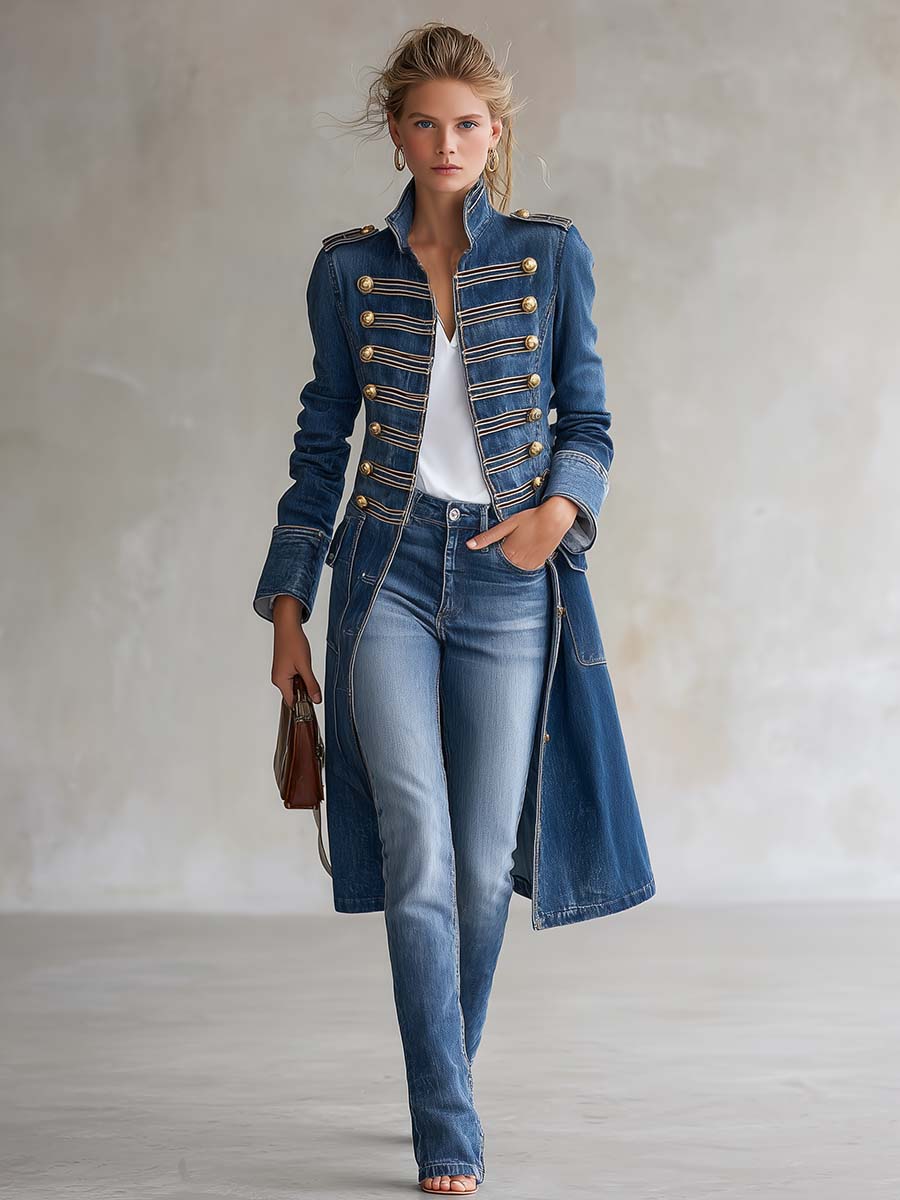 Joséphine | Cappotto stile ufficiale in denim lavato, bottoni dorati.