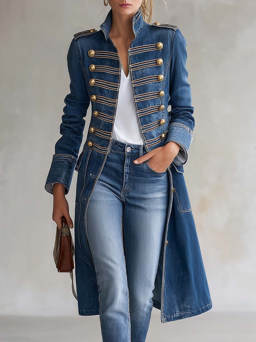 Joséphine | Cappotto stile ufficiale in denim lavato, bottoni dorati.