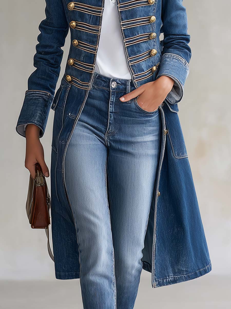 Joséphine | Cappotto stile ufficiale in denim lavato, bottoni dorati.