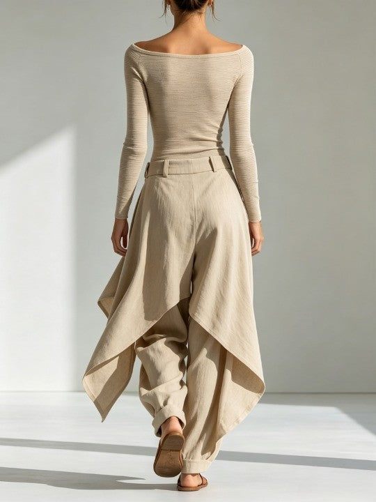 Giuliana | Beige Boat Neck Top and Wide-Leg Layered Trousers Set