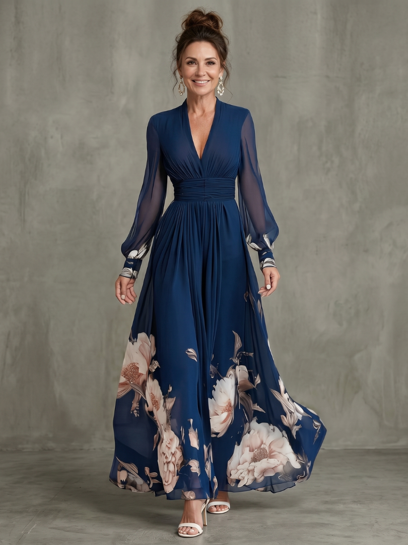 Ziva | Vestido maxi con mangas plisadas transparentes