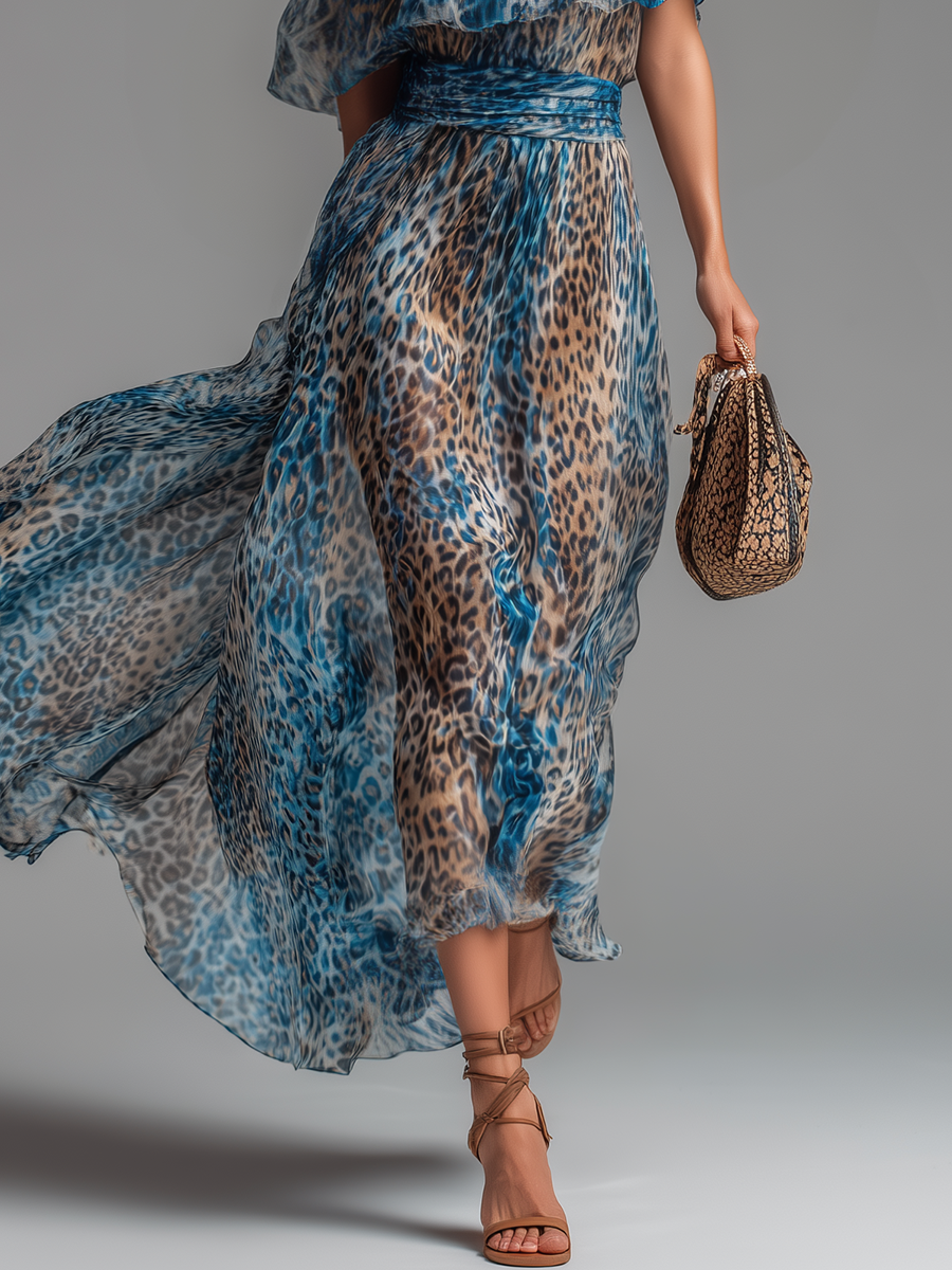 Sauvage | Leopard-Print Chiffon Maxi Dress with Off-the-Shoulder Neckline