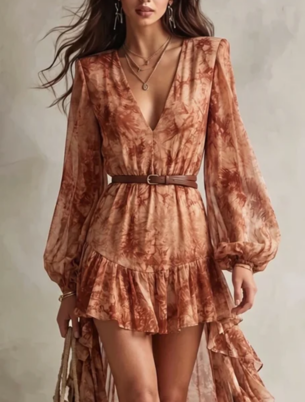 Clémence | Terracotta Floral Long-Sleeve V-Neck Mini Dress