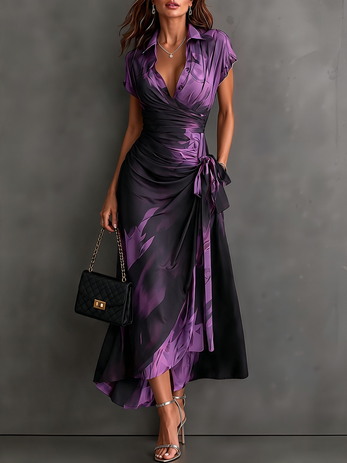 Rosanna | Vestido midi cruzado con estampado abstracto, escote en V, manga corta, cinturón y bajo asimétrico con olán