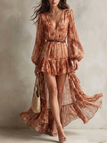 Clémence | Terracotta Floral Long-Sleeve V-Neck Mini Dress