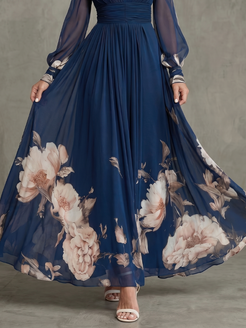 Ziva | Vestido maxi con mangas plisadas transparentes