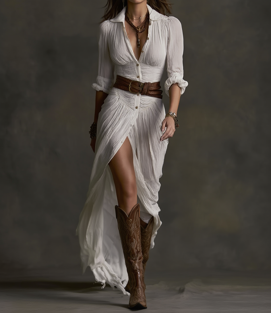 Aurore | Linen Maxi Dress with Reverse Collar