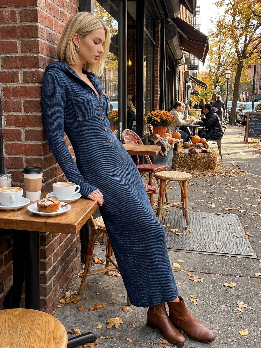 Abito Maxi in Maglia con Cappuccio e Taglio Aderente da Donna