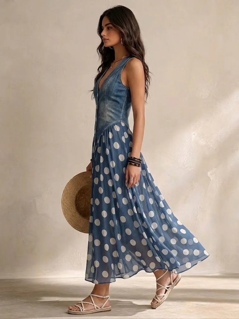 Adeline | Vestido largo de mezclilla con lunares