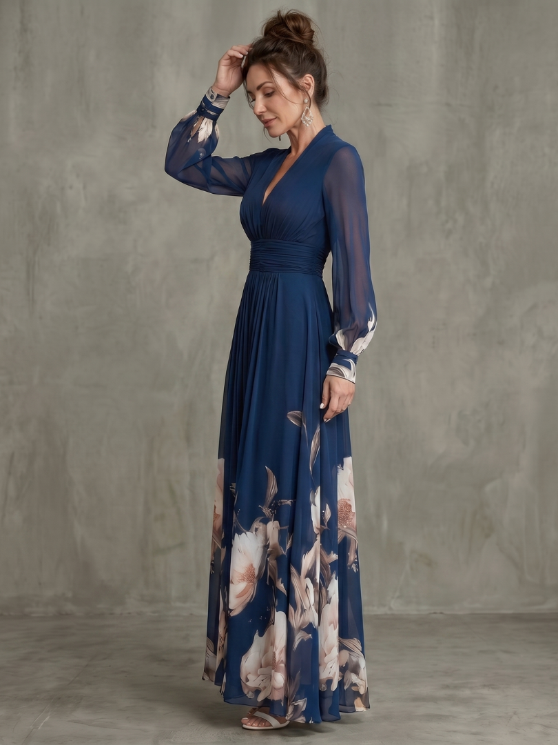 Ziva | Vestido maxi con mangas plisadas transparentes