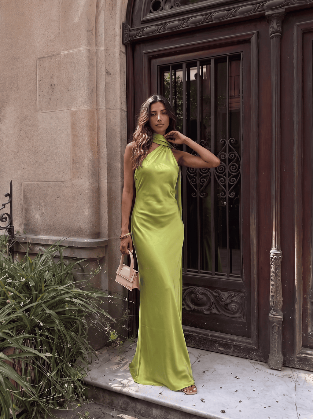 Green satin halter-neck maxi dress
