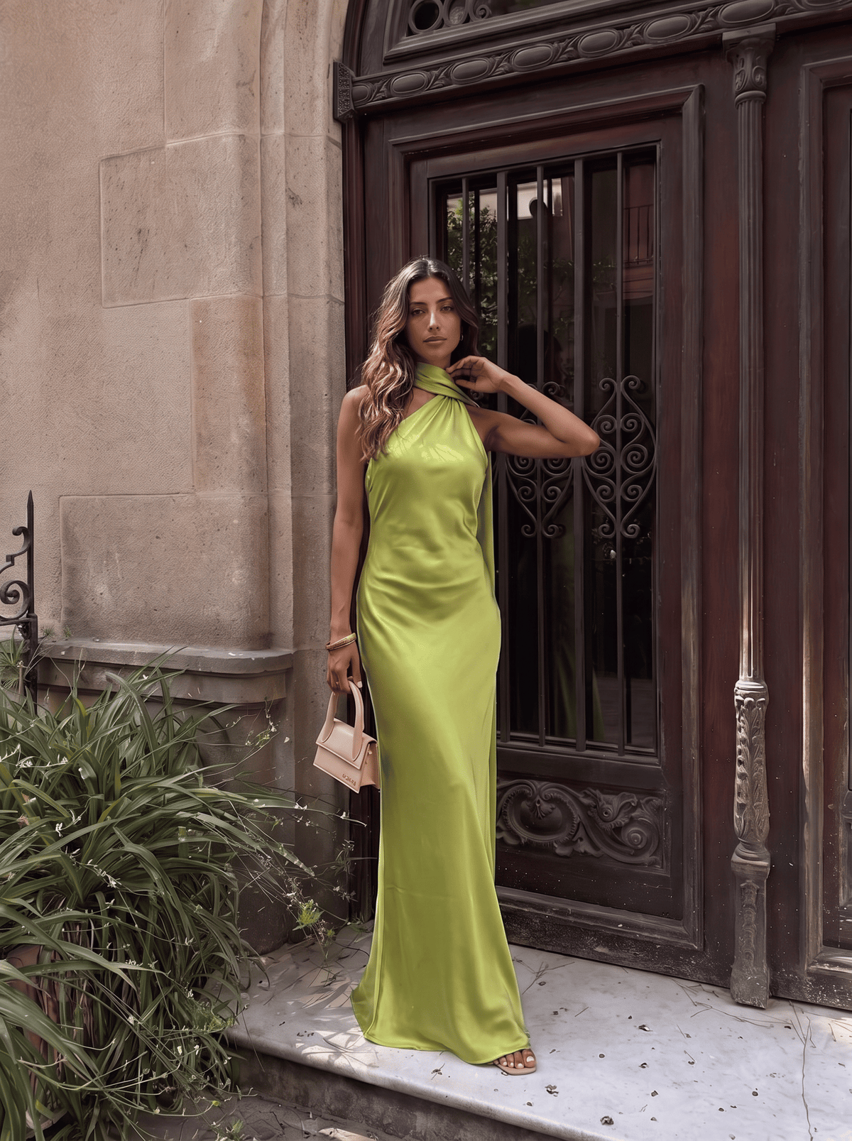 Green satin halter-neck maxi dress