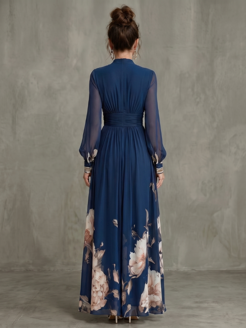 Ziva | Vestido maxi con mangas plisadas transparentes