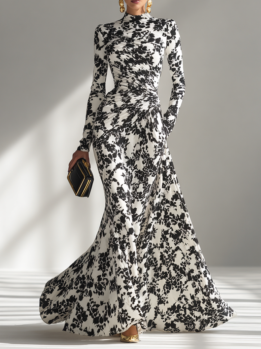Vestito Maxi da Donna a Stampa Floreale Bianco e Nero con Collo Alto e Maniche Lunghe