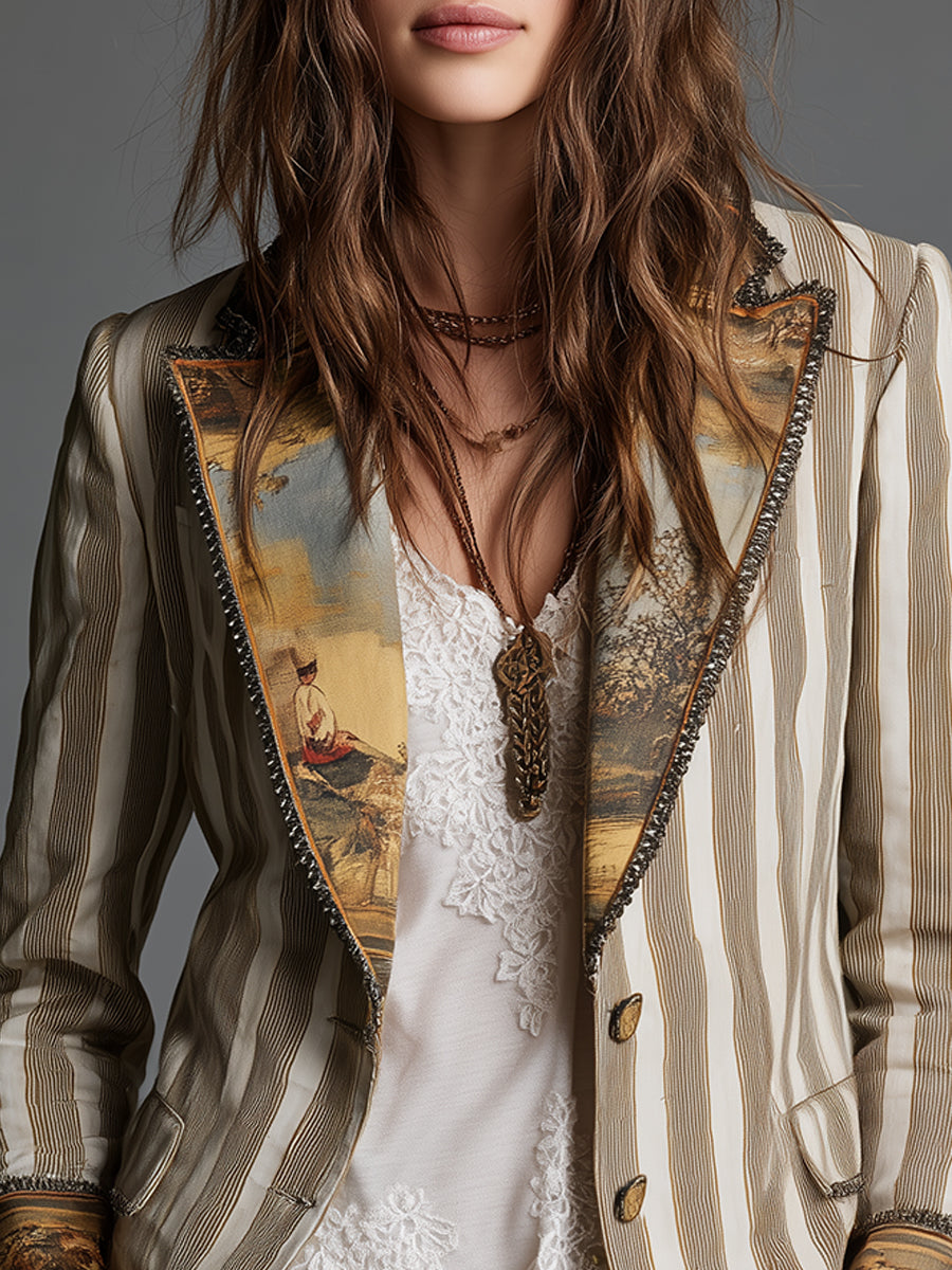 Luciana | Blazer Bohemien a Righe con Collo Stampato