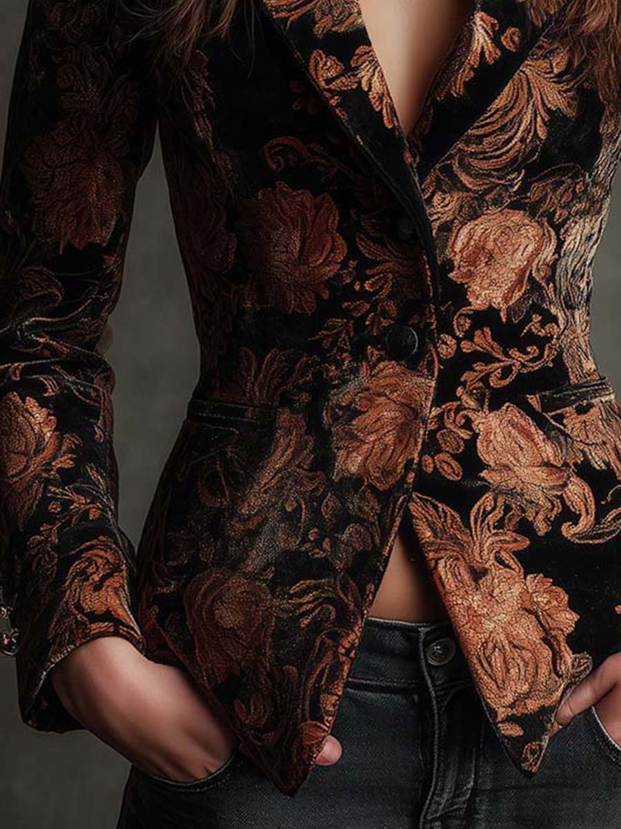 Gloria | Blazer Tailleur Stampato Floreale Nero e Bronzo