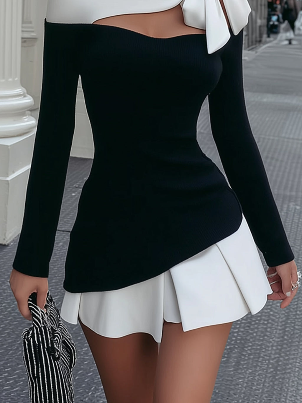 Faustine | Black and White Mini Dress with Strap and Stitched Bow