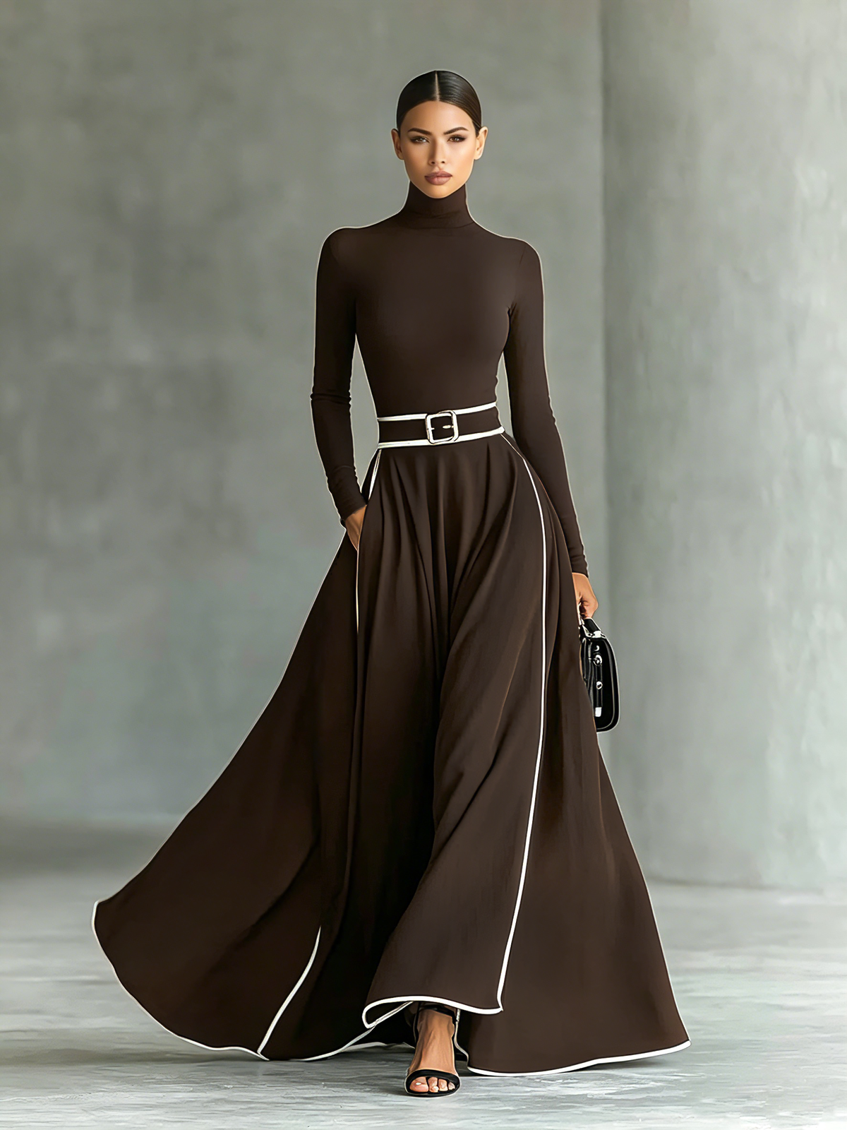Nicoletta | Abito Maxi Donna Nero con Cuciture Bianche e Collo Alto, Maniche Lunghe, Vita Sottile