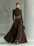 Nicoletta | Abito Maxi Donna Nero con Cuciture Bianche e Collo Alto, Maniche Lunghe, Vita Sottile