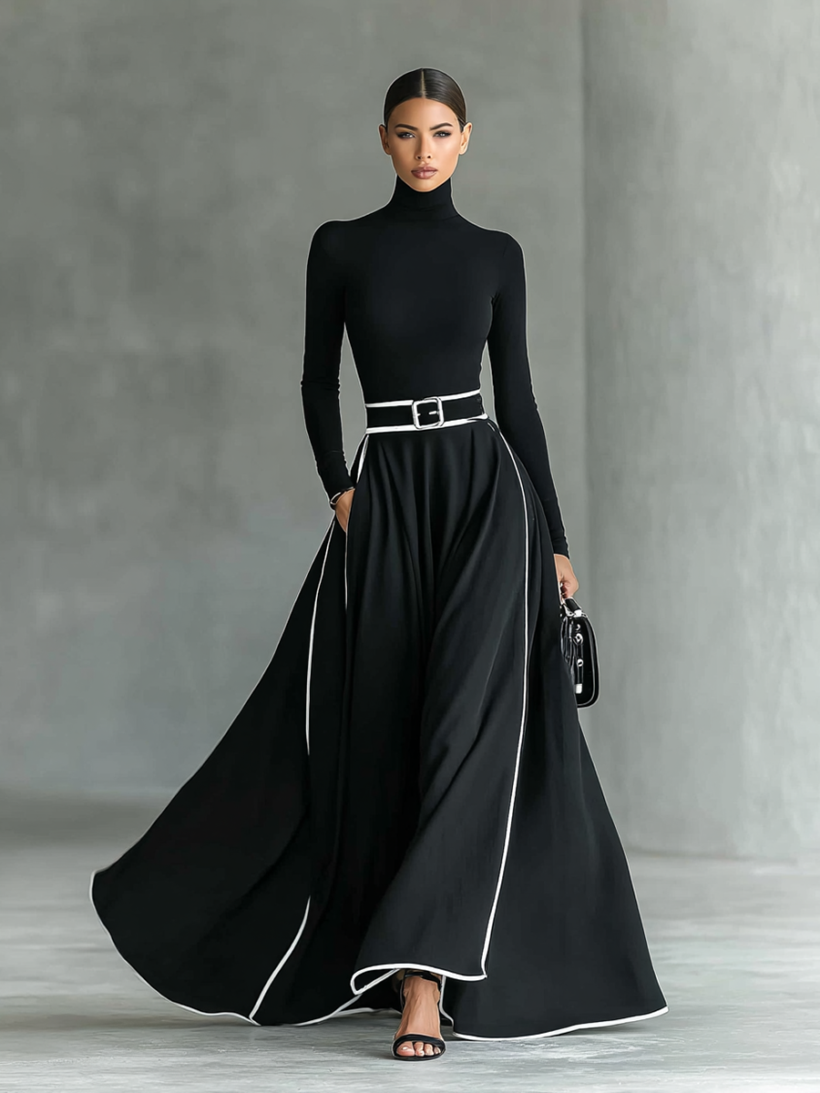 Nicoletta | Abito Maxi Donna Nero con Cuciture Bianche e Collo Alto, Maniche Lunghe, Vita Sottile