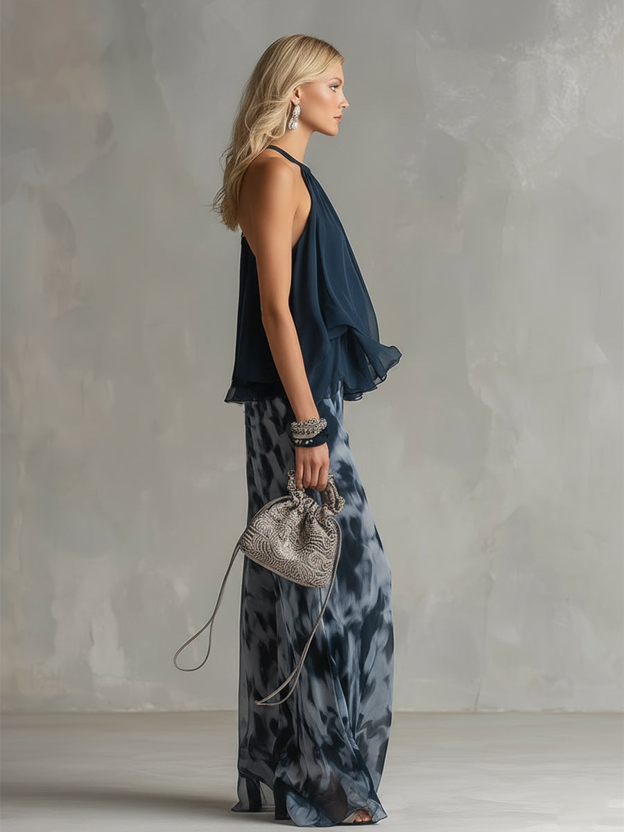 Chloé | Elegant Set with Navy Blue Halter Top and Printed Wide-Leg Pants