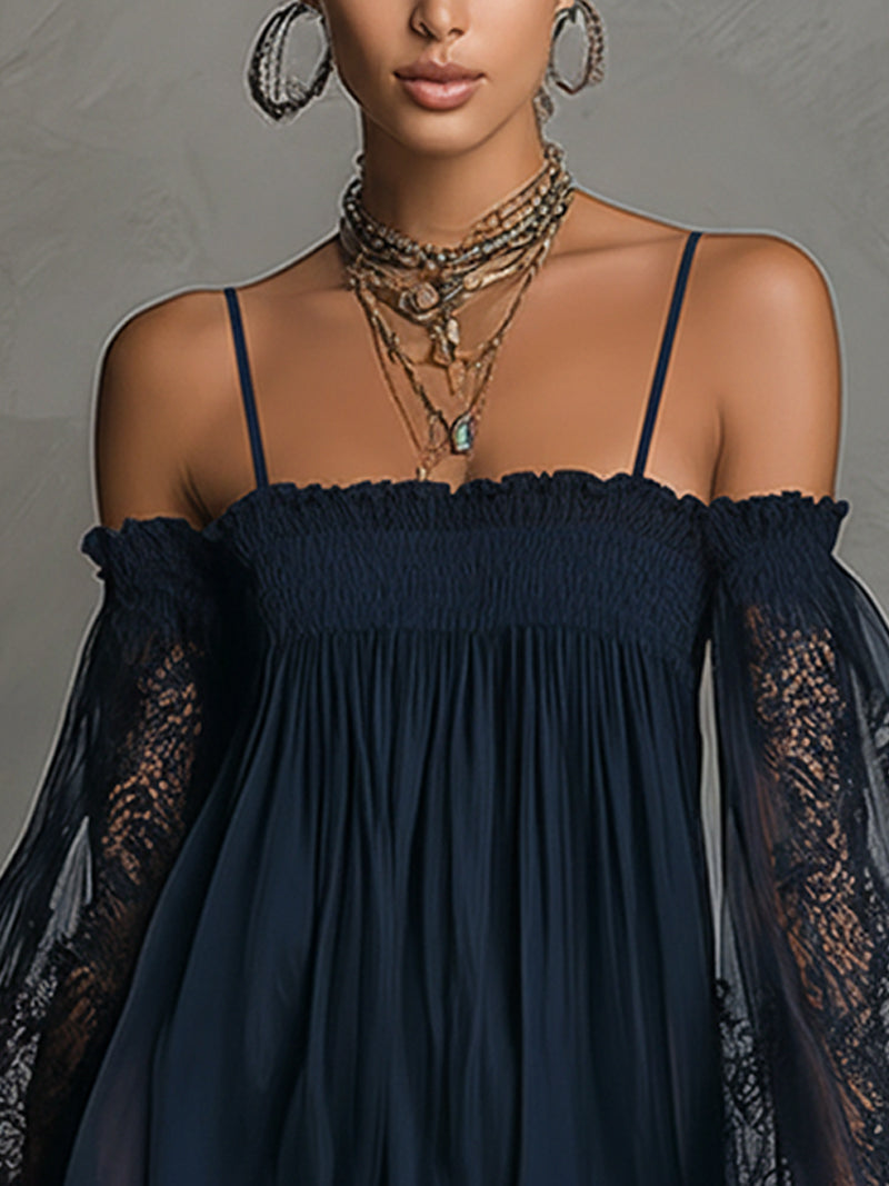 Noémie | Navy Blue Chiffon Mini Dress with Off-the-Shoulder Styling and Lace Trim