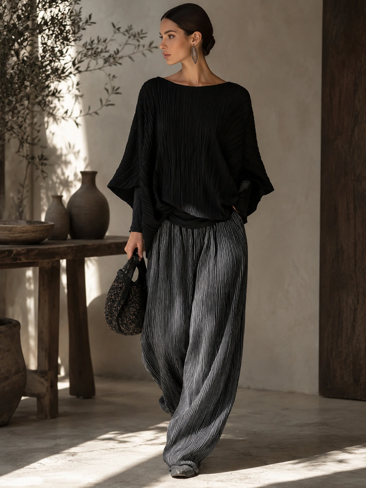 Vincenza | Set di Top a Manica Larga Plissettato e Pantaloni a Gamba Larga
