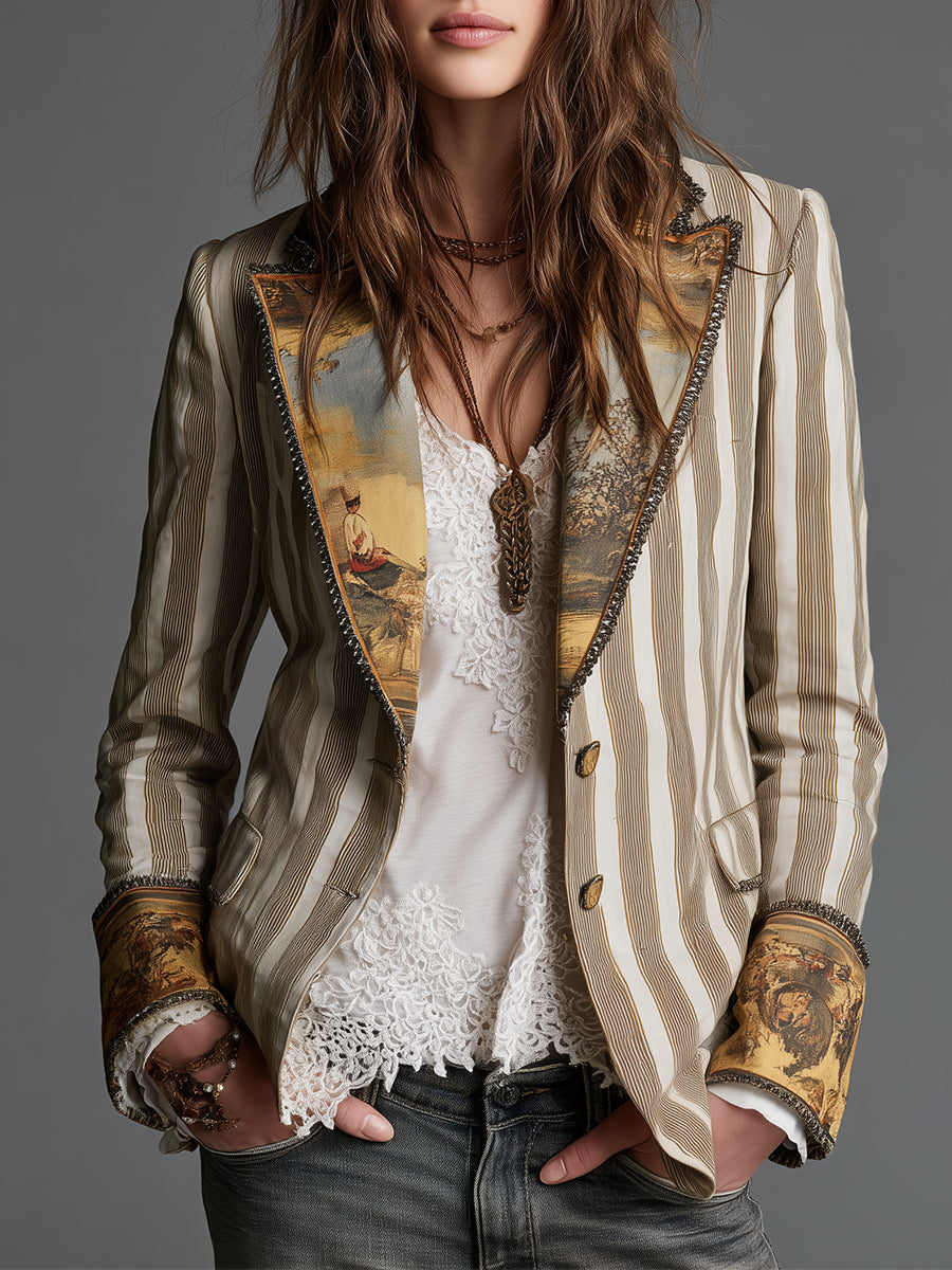 Luciana | Blazer Bohemien a Righe con Collo Stampato
