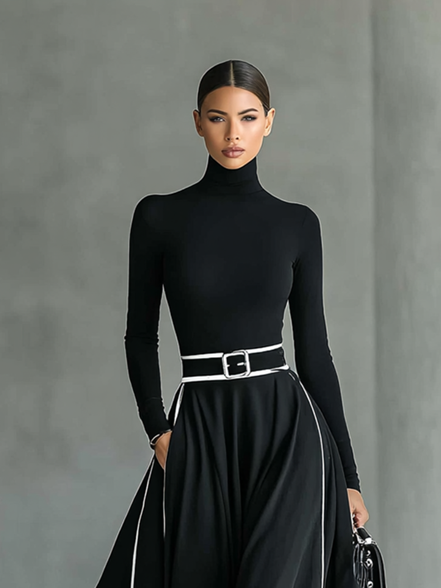 Nicoletta | Abito Maxi Donna Nero con Cuciture Bianche e Collo Alto, Maniche Lunghe, Vita Sottile