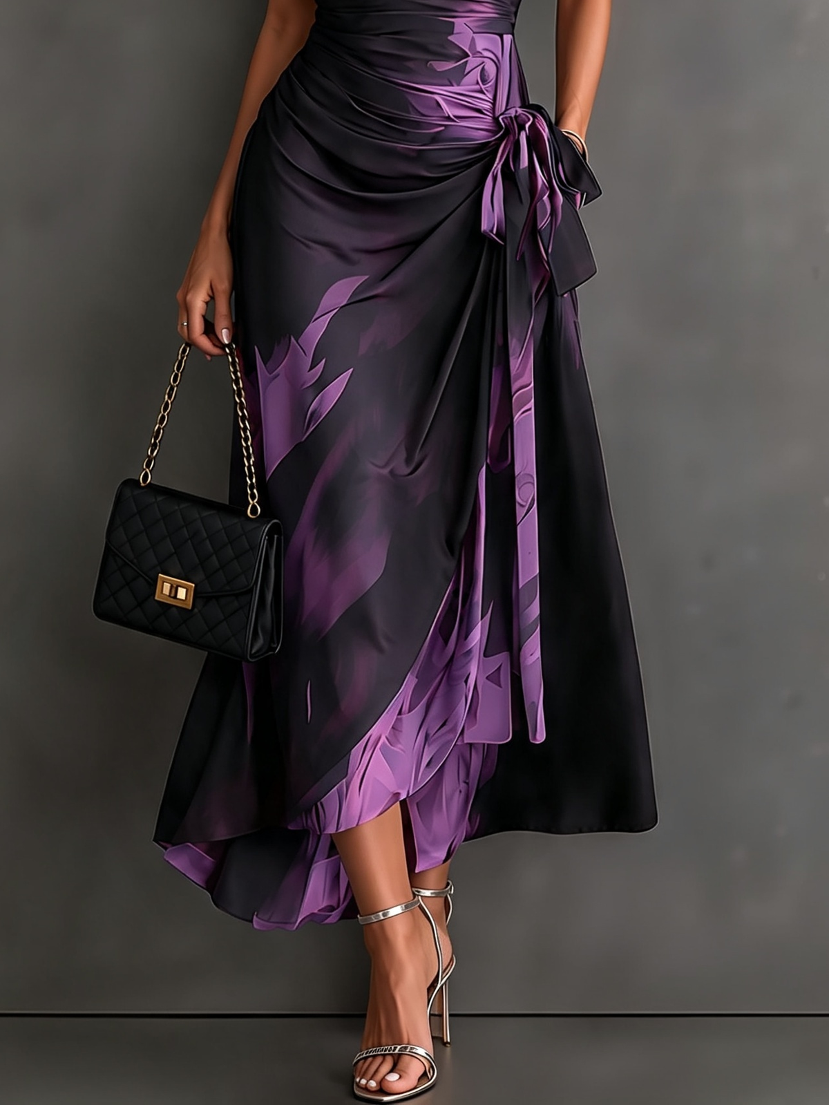 Rosanna | Vestido midi cruzado con estampado abstracto, escote en V, manga corta, cinturón y bajo asimétrico con olán