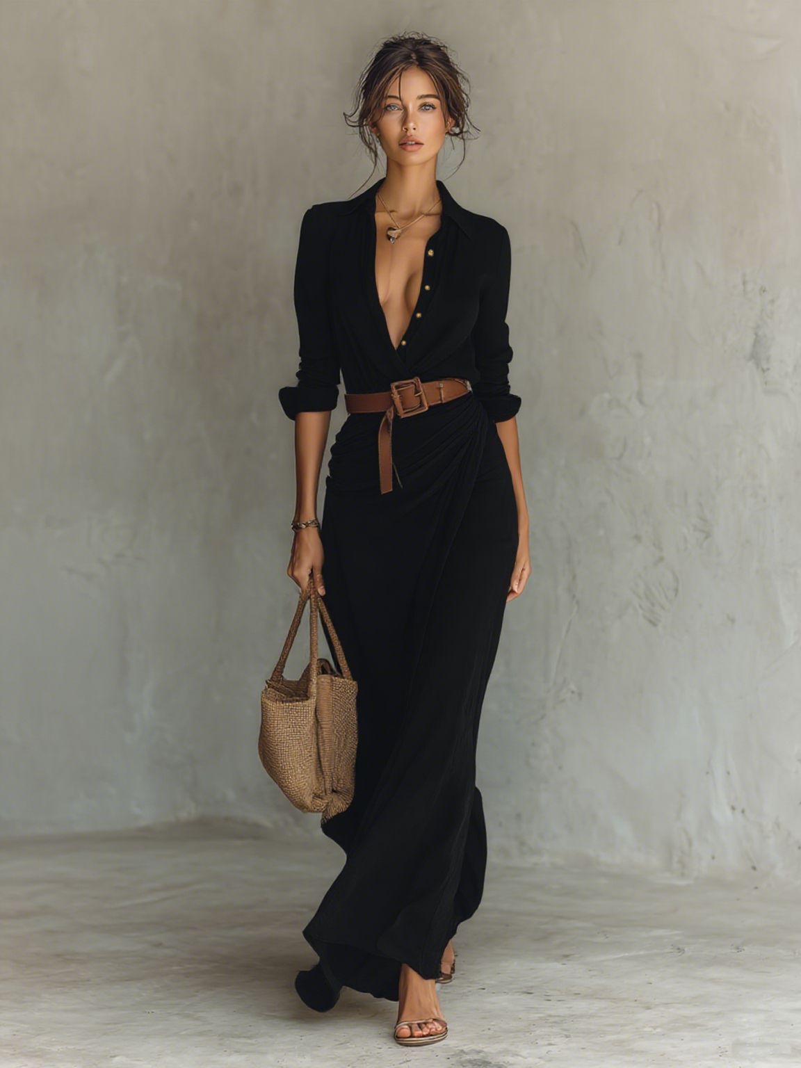 Women's Maxi Long Dress with Lapel Collar, Long Sleeves, Single-Button Closure
