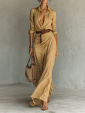 Women's Maxi Long Dress with Lapel Collar, Long Sleeves, Single-Button Closure