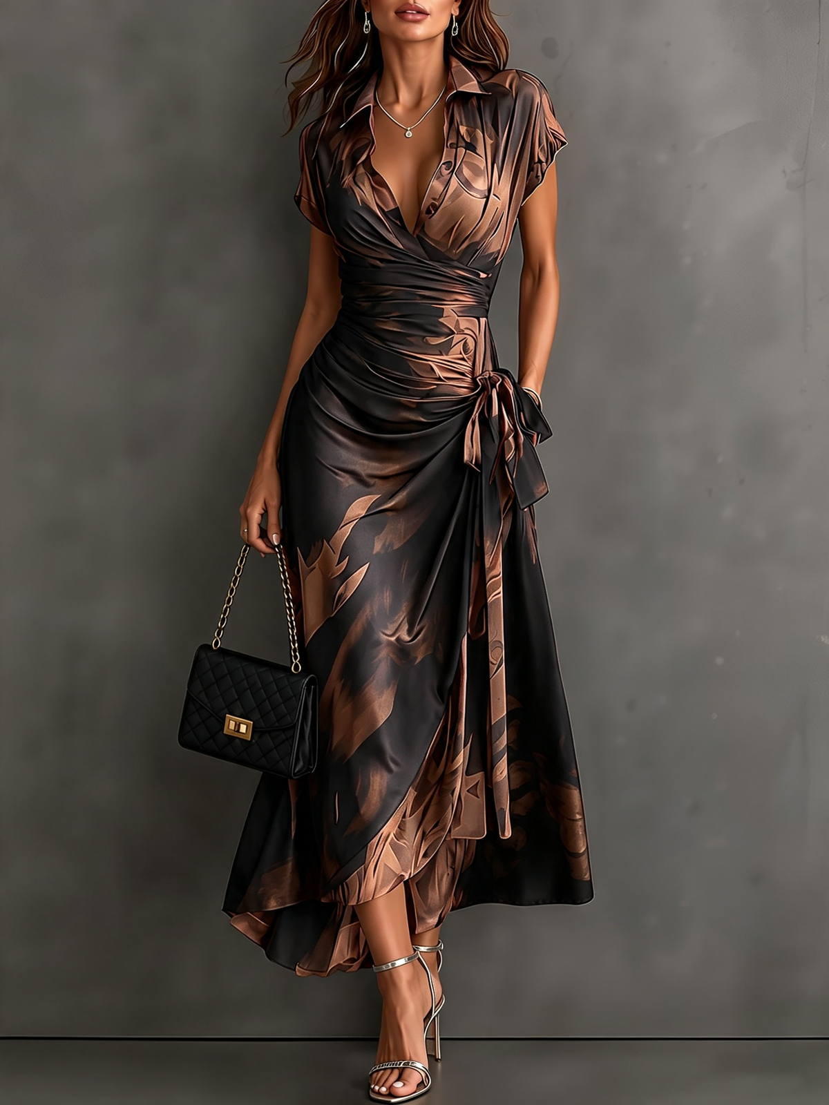 Abito Midi a Portafoglio con Stampa Astratta Marrone, Colletto con Scollo a V, Manica Corta, Vita da Annodare, Orlo Asimmetrico con Volant