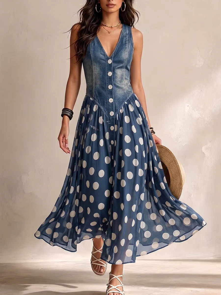 Adeline | Vestido largo de mezclilla con lunares
