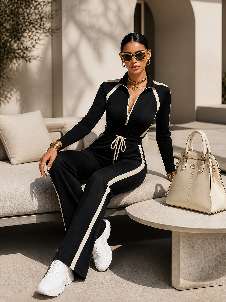 Monica | Black Contrast Stripe Tracksuit Set with Half-Zip Neck Top and Wide-Leg Drawstring Trousers