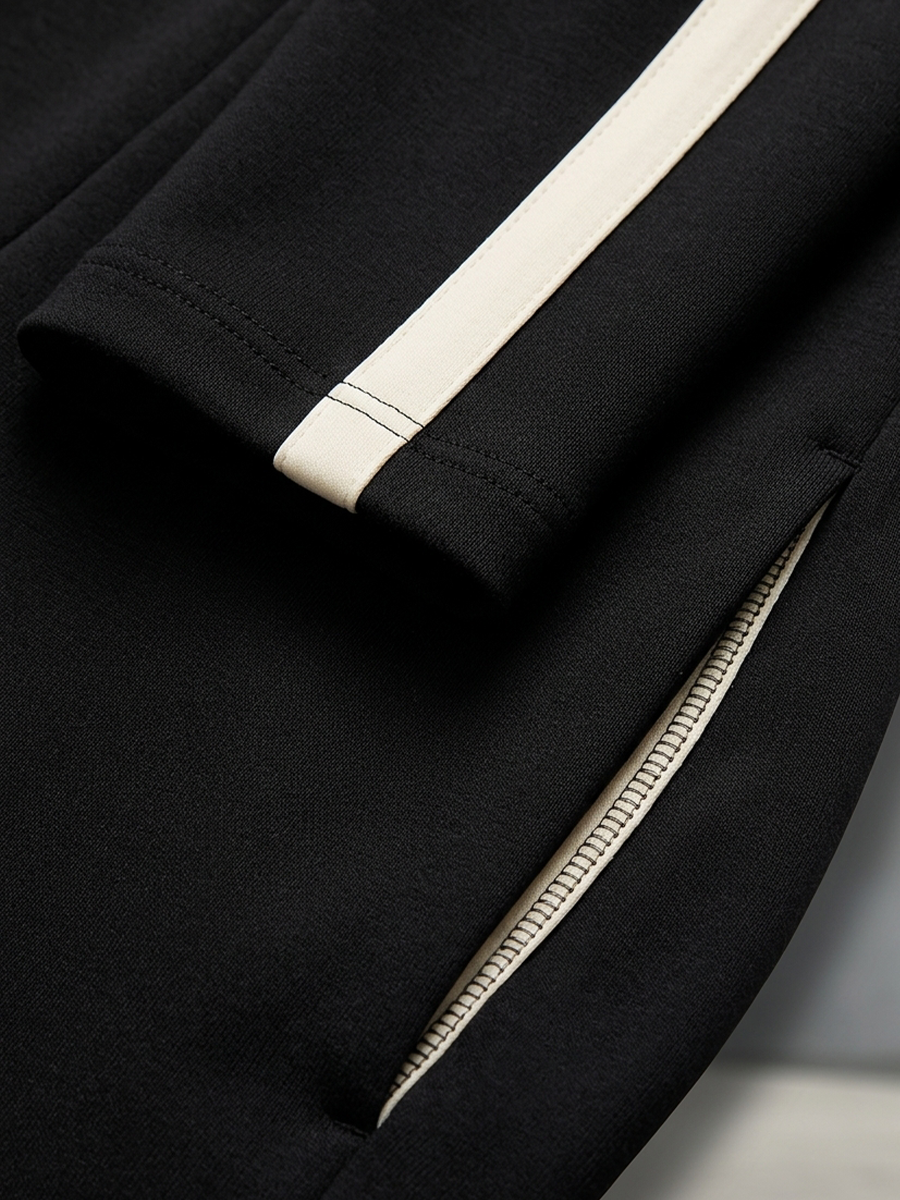 Monica | Black Contrast Stripe Tracksuit Set with Half-Zip Neck Top and Wide-Leg Drawstring Trousers