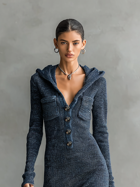 Abito Maxi in Maglia con Cappuccio e Taglio Aderente da Donna