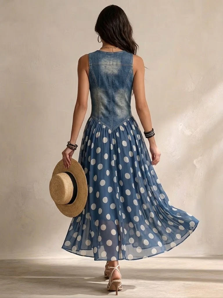 Adeline | Vestido largo de mezclilla con lunares