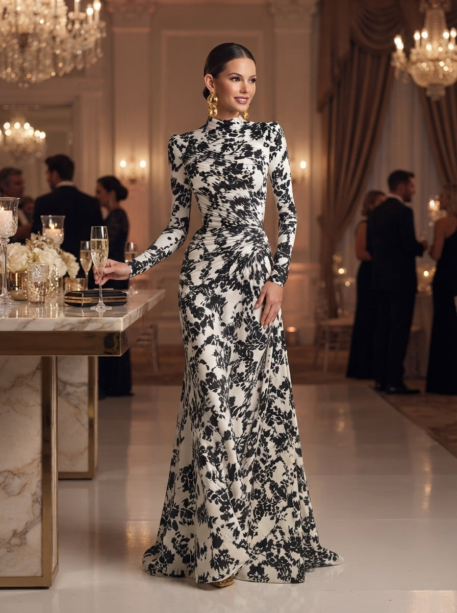 Vestito Maxi da Donna a Stampa Floreale Bianco e Nero con Collo Alto e Maniche Lunghe