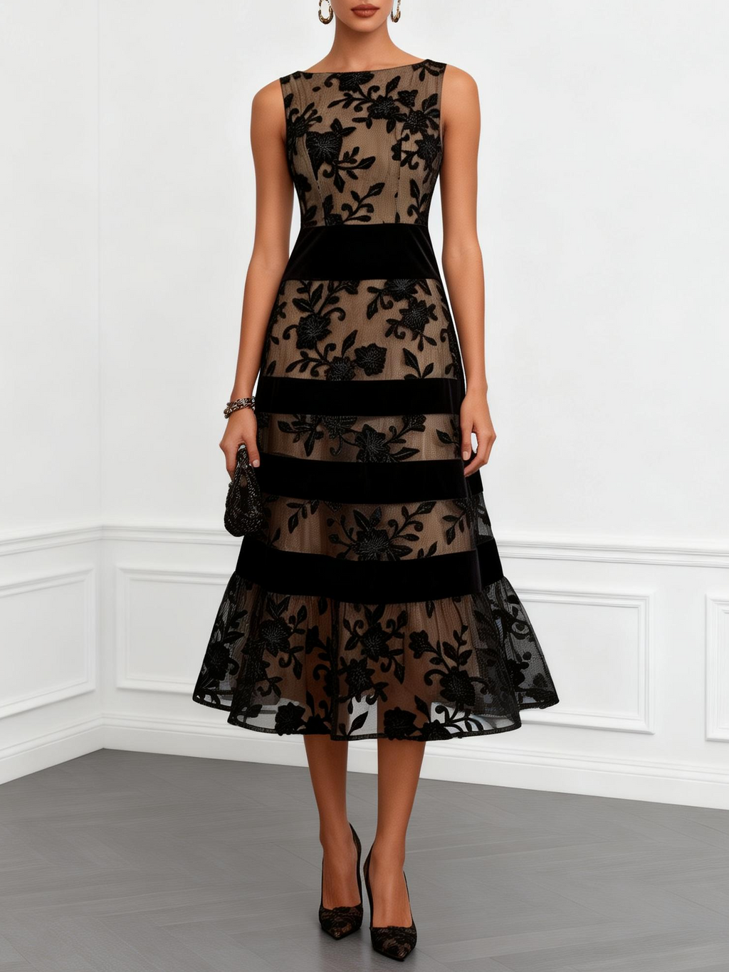 Solène | Black Floral Tulle Sleeveless A-Line Midi Dress