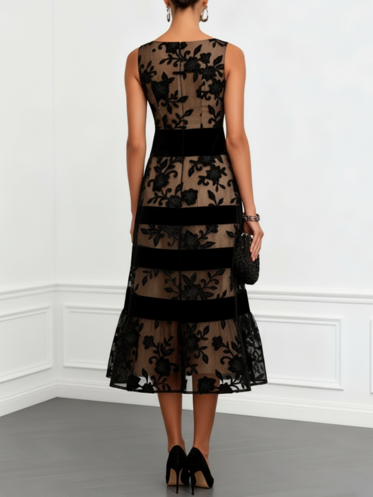 Solène | Black Floral Tulle Sleeveless A-Line Midi Dress