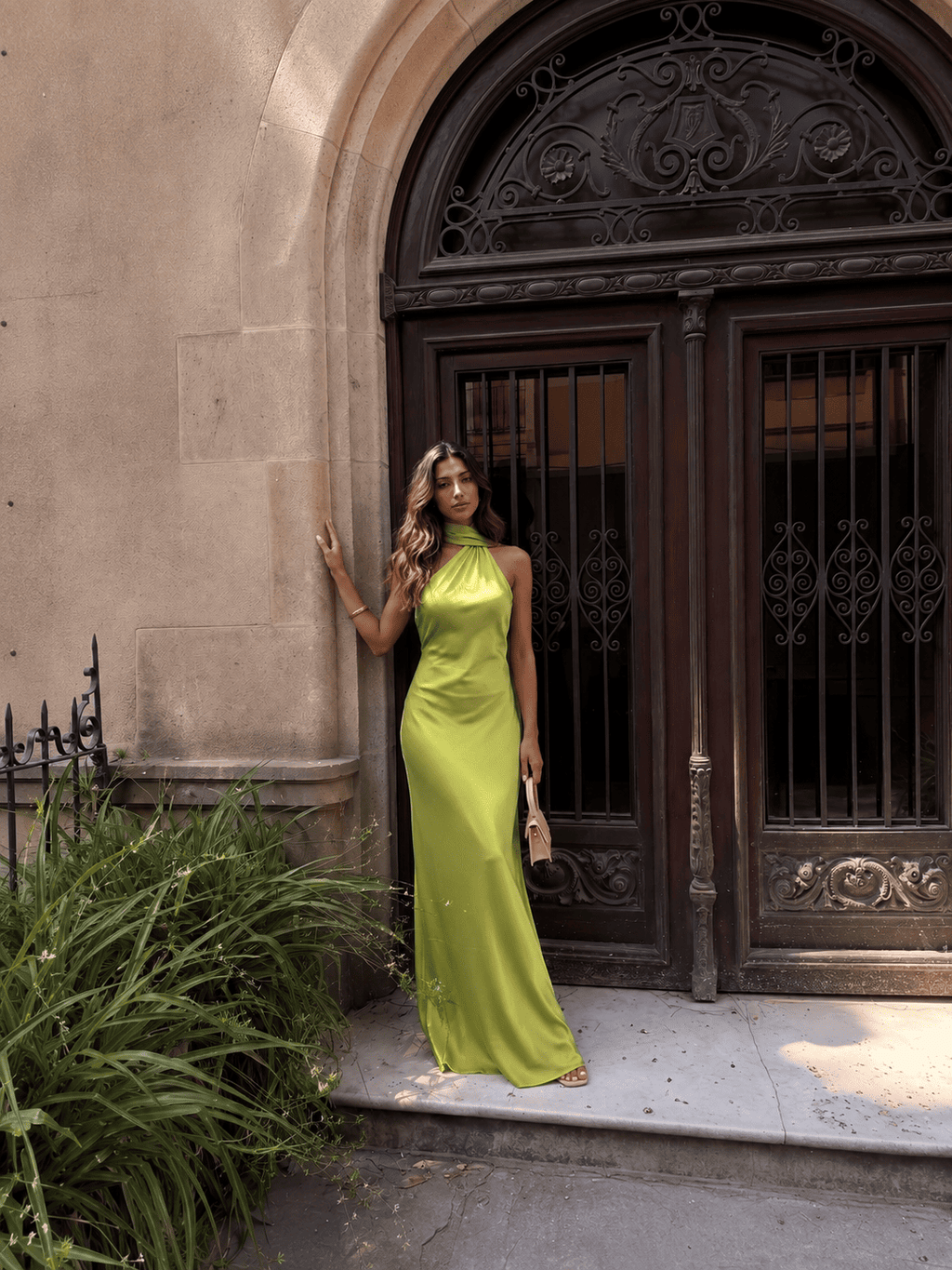 Green satin halter-neck maxi dress