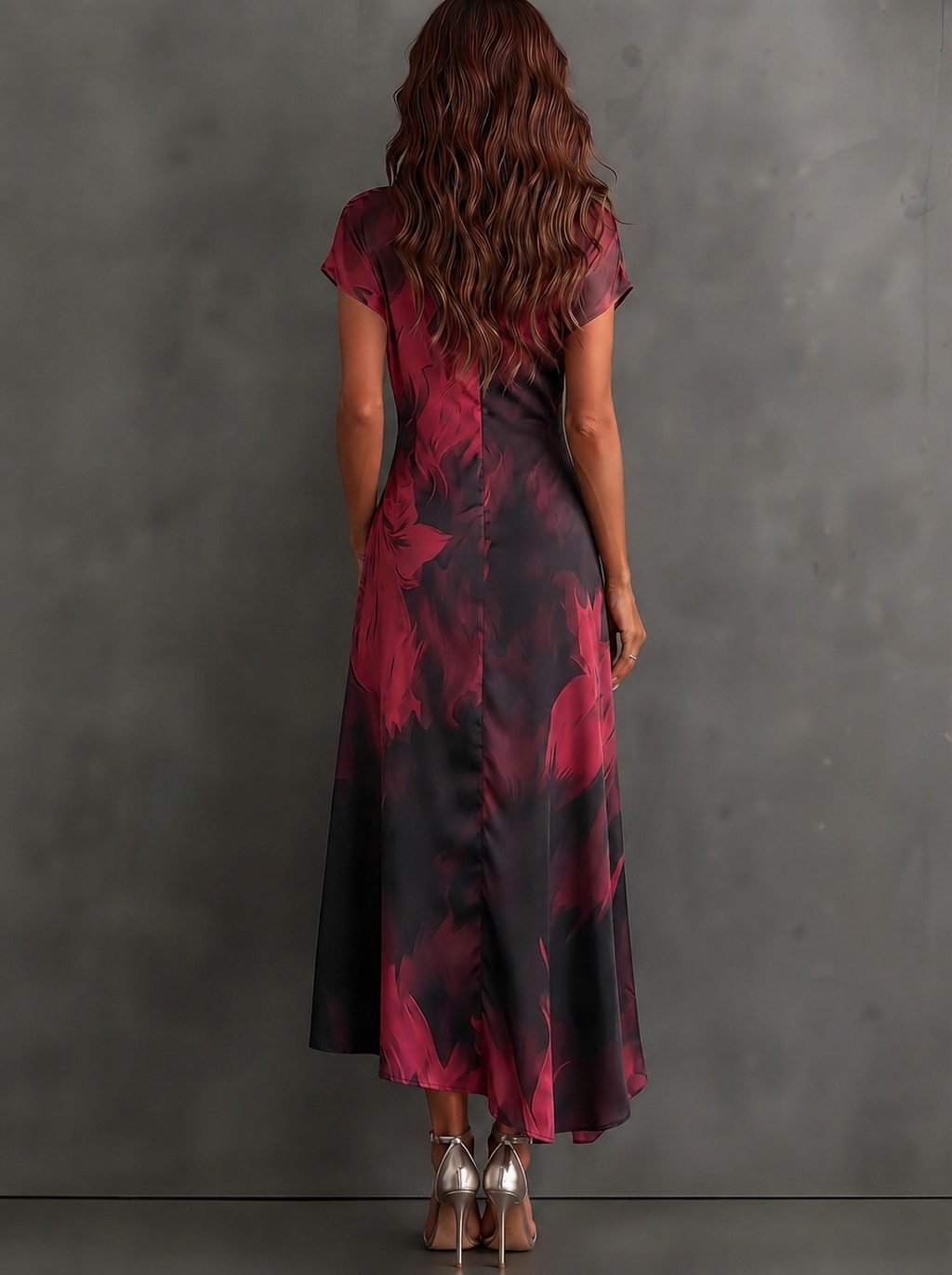 Rosanna | Vestido midi cruzado con estampado abstracto, escote en V, manga corta, cinturón y bajo asimétrico con olán